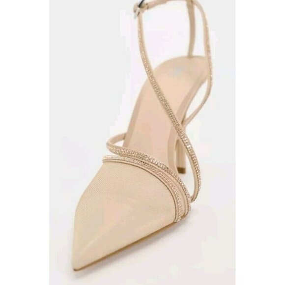 ZARA Pointed Toe Rhinestone Bow Slingback Heels 6.5 Tan NWT 3809 310 - Picture 5 of 5